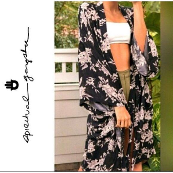 Spiritual Gangster Women's Black Floral Duster Kimono One Size Layers Cover-Up - Picture 1 of 5